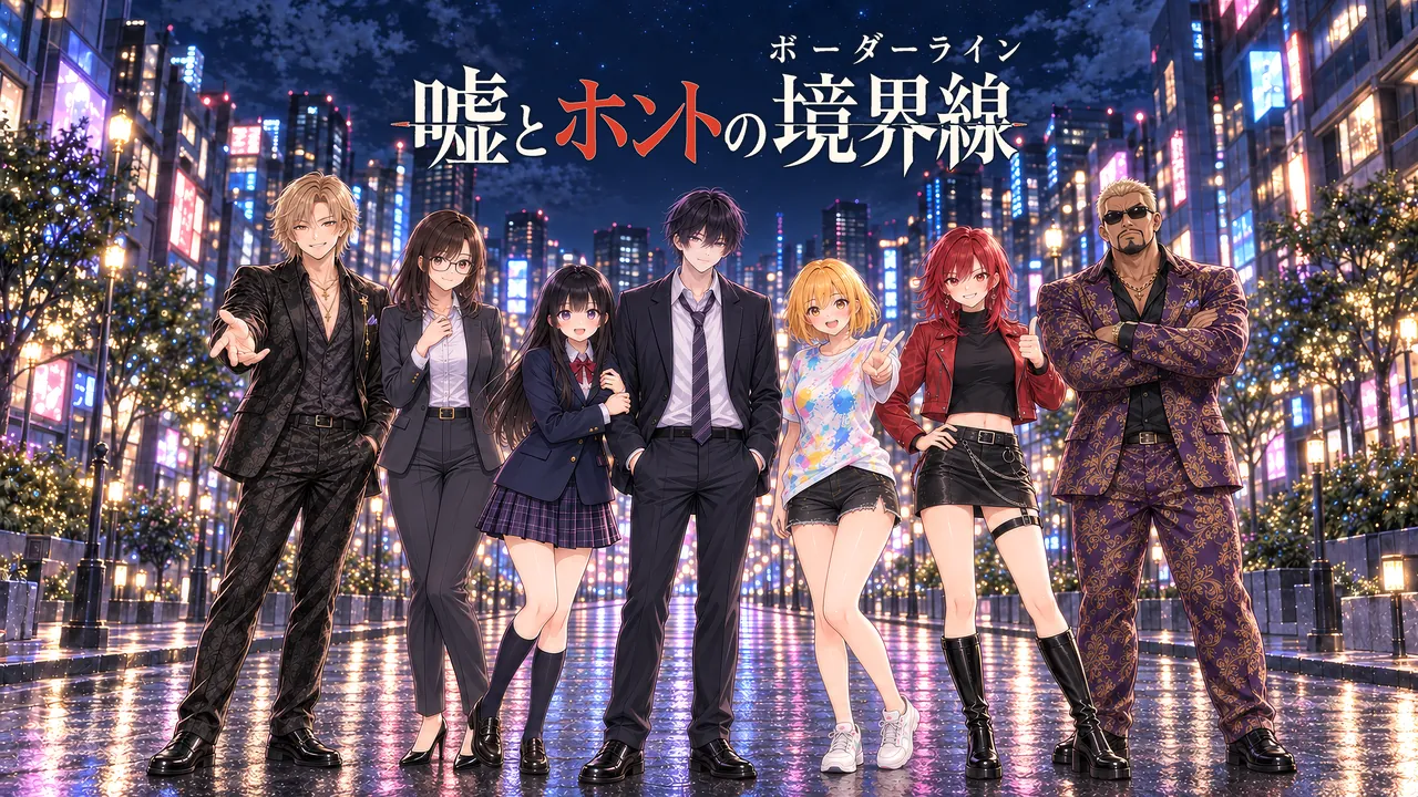 夜の街を背景に集う『嘘とホントの境界線』の登場人物たち